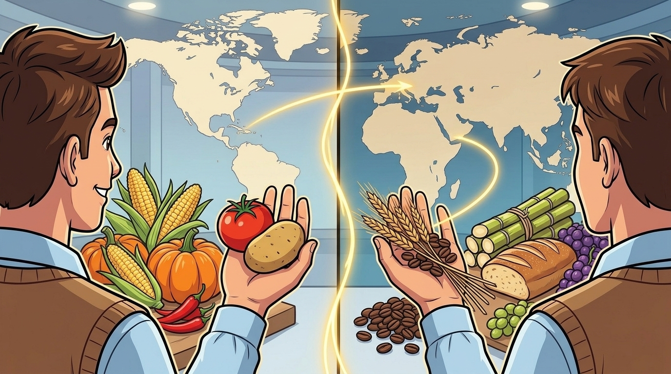 대항해시대 — 신항로 개척은 인류의 식탁도 완전히 바꾸어 놓았어! 아메리카의 감자, 옥수수, 토마토가 유럽과 아시아로 건너갔고, 반대로 아시아의 차와 설탕이 전 세계로 퍼져나갔지.