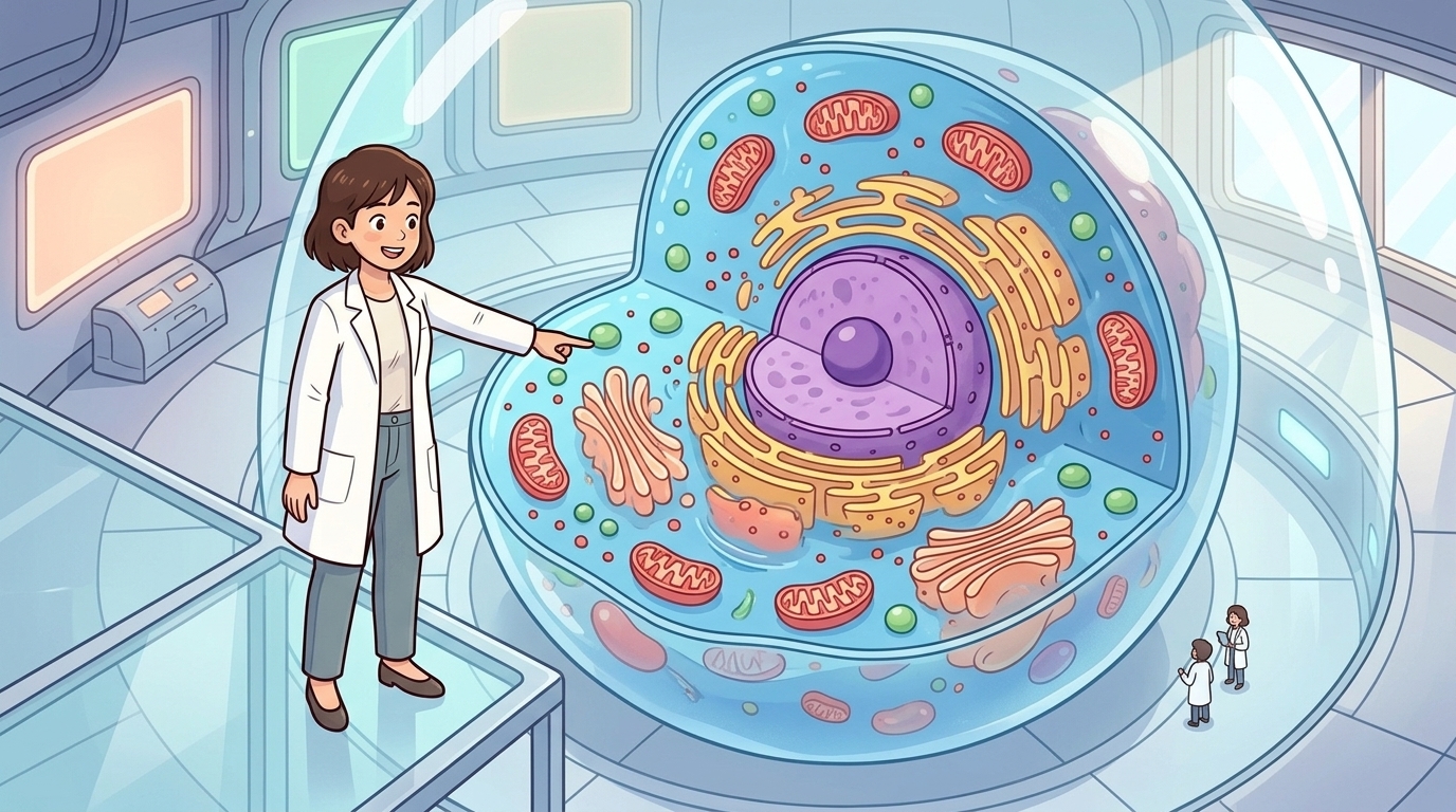 세포의 세계 — 세포는 겉을 둘러싼 세포막 안에, 생명 활동을 지휘하는 '핵'과 다양한 일을 하는 기관들이 가득 찬 '세포질'로 이루어져 있어요.