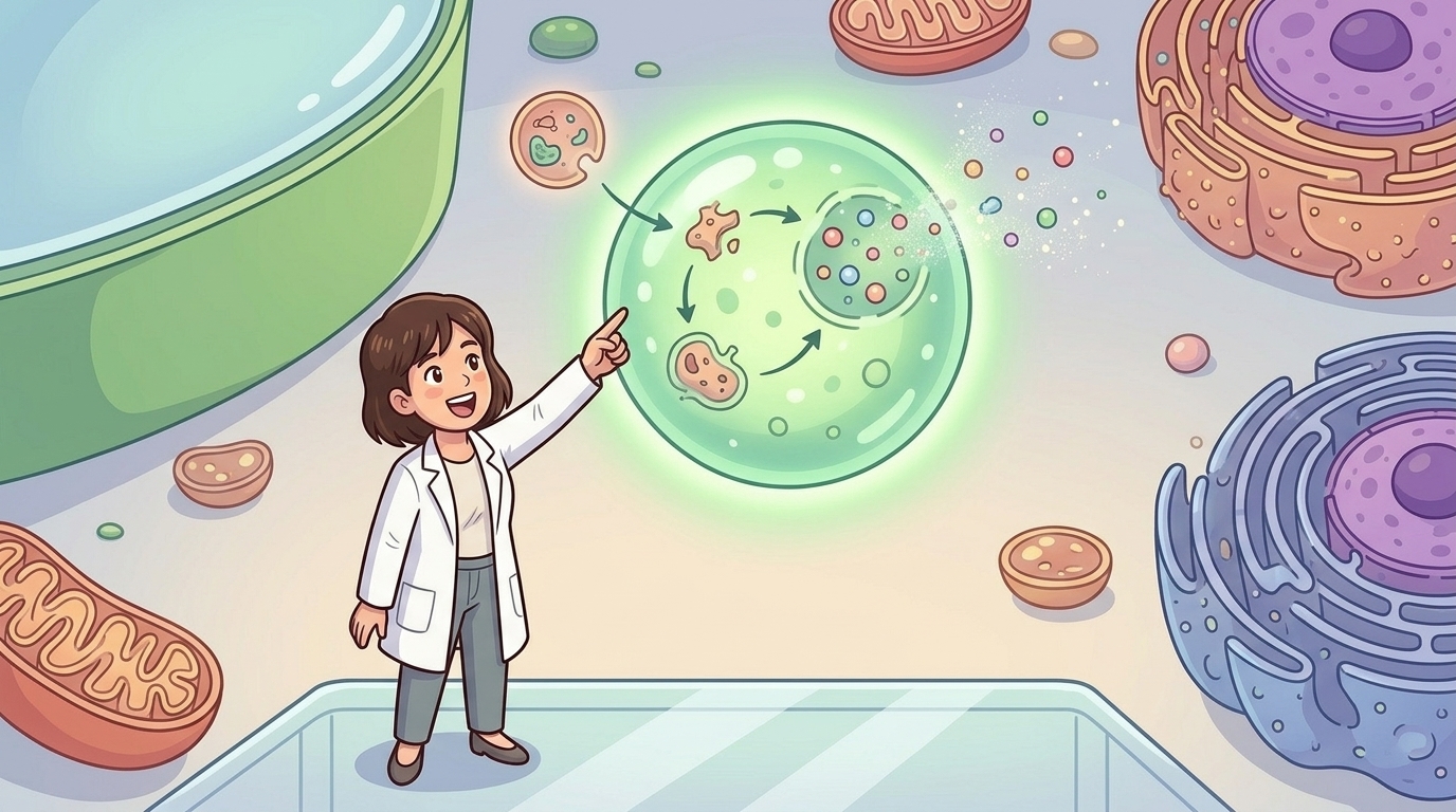세포의 세계 — 마지막으로 세포 안의 노폐물과 수명이 다한 기관들을 분해하여 깨끗하게 청소해 주는 세포의 환경미화원, '리소좀'도 빼놓을 수 없답니다.