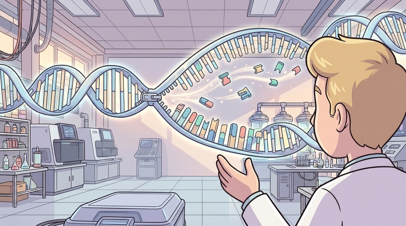 DNA와 유전의 비밀 — 세포가 분열할 때 DNA 이중나선은 지퍼처럼 반으로 갈라진 뒤, 각각의 가닥이 완벽히 똑같은 복제본 두 개를 만들어내며 생명의 정보를 이어갑니다.
