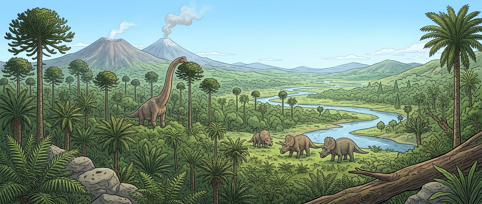 공룡과 대멸종 — 당시 지구는 따뜻한 기후 속에서 거대한 공룡들이 번성하며 지상을 완벽하게 지배하고 있던 낙원이었습니다.