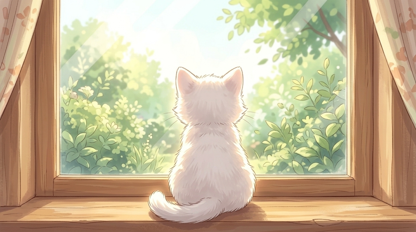 아기 드래곤 콩이 — 창문 너머로 살랑이는 초록 잎사귀들, 오늘도 세상은 참 예쁜 일로 가득해.