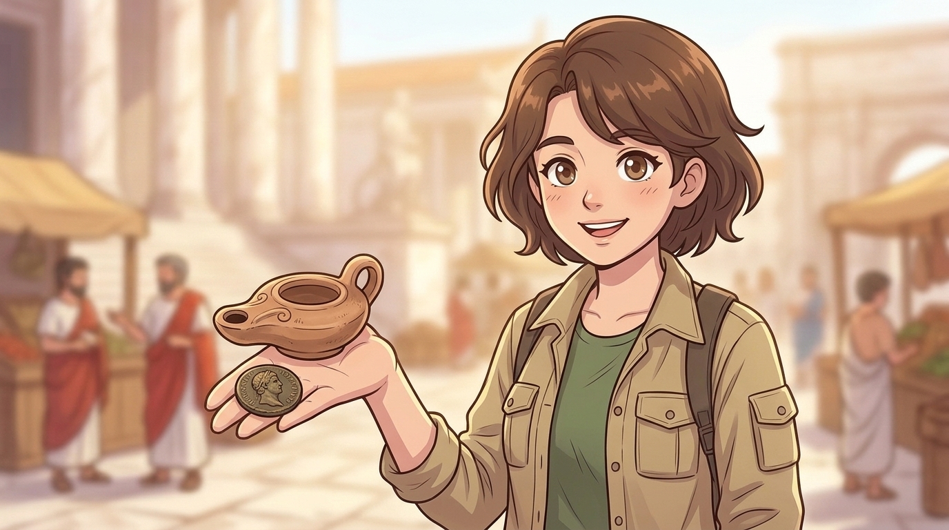 레오나르도 다빈치 — 로마인들이 실제로 사용했던 청동 동전과 점토 등잔이에요. 이 작은 물건들 속에 그들의 하루가 고스란히 담겨 있죠.