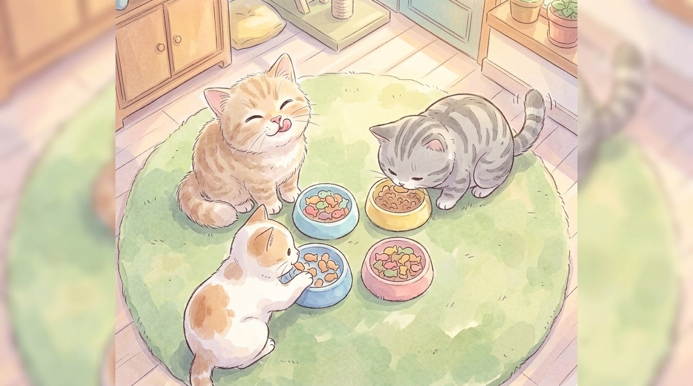 모카의 고양이 카페 — 딸랑-, 종소리와 함께 찾아온 가장 행복한 시간, 맛있는 간식 시간이에요!