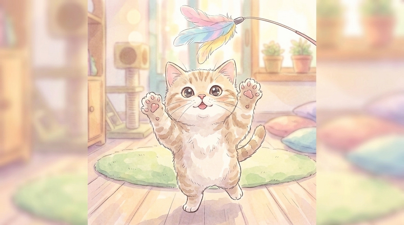 모카의 고양이 카페 — 살랑살랑 흔들리는 깃털 장난감에 모카의 눈이 반짝반짝 빛나요!