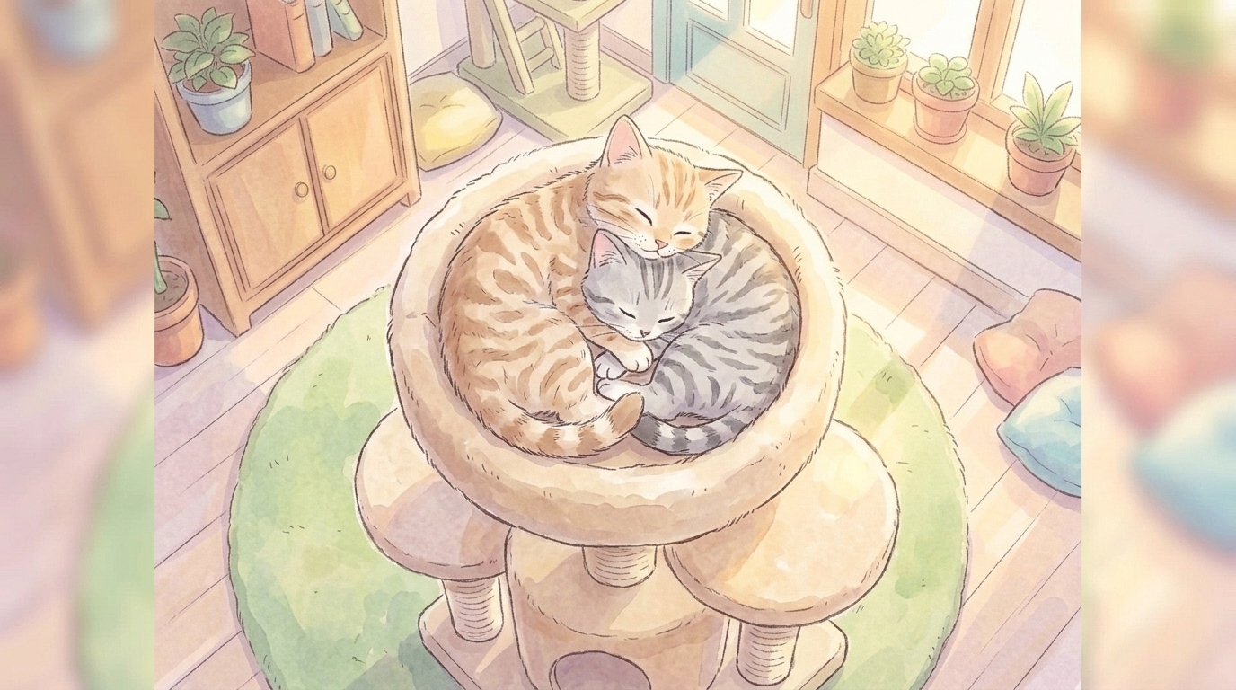 모카의 고양이 카페 — 신나게 놀고 난 뒤 찾아온 나른한 오후, 따뜻한 캣타워 위에서 꼬리를 포개고 단꿈을 꾸어요.