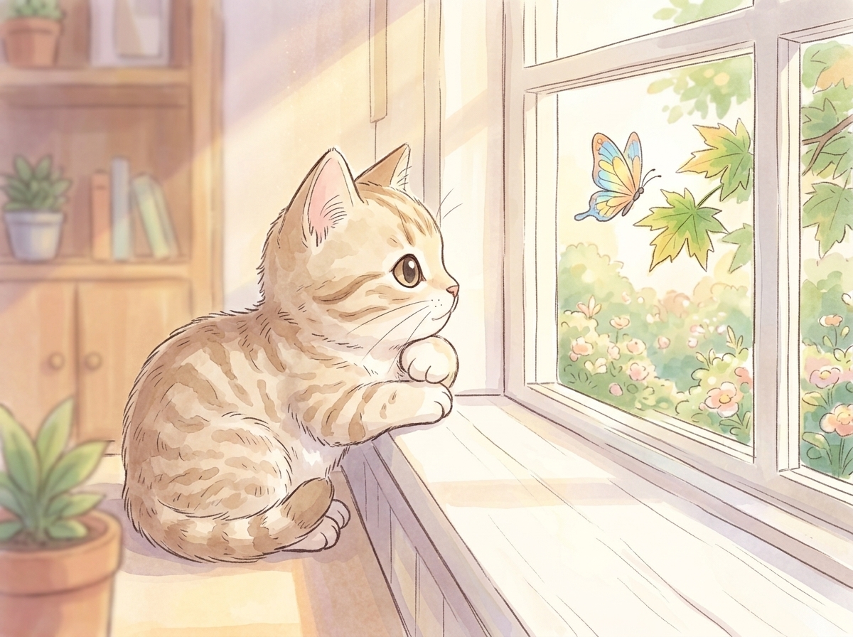 모카의 고양이 카페 — 창밖으로 지나가는 나비를 보며, 모카는 내일 또 어떤 즐거운 일이 일어날지 상상해요.